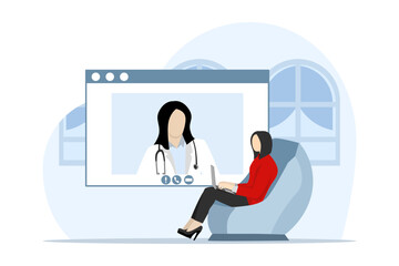 Concept of woman doing health consultation. laptop screen with female therapist while chatting on messenger and online consultation. Ask a doctor. Medical advice or online consultation services.