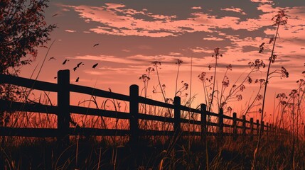 A picturesque wooden fence standing tall in front of a breathtaking sunset. Perfect for adding a rustic touch to any design project or capturing the beauty of nature