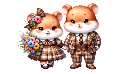 Naklejka premium Watercolor illustration of a cute chubby hamster couple character in cute brown plaid pattern outfits, celebrating Valentine's Day and radiating happiness and cheerfulness.