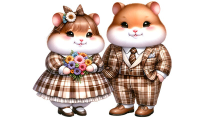 Watercolor illustration of a cute chubby hamster couple character in cute brown plaid pattern outfits, celebrating Valentine's Day and radiating happiness and cheerfulness.