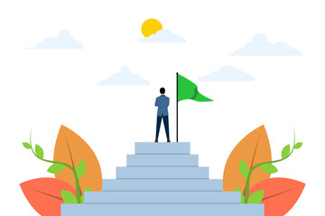 concept of reaching the pinnacle of career or success, an entrepreneur has reached the top of the ladder of success or goal. Businessman standing on stairs with flag. leaders achieve goals. vector.