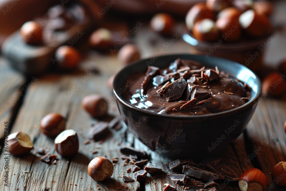 Aufkleber a bowl of chocolate and nuts displayed on a wooden table. perfect for food and snack-related project