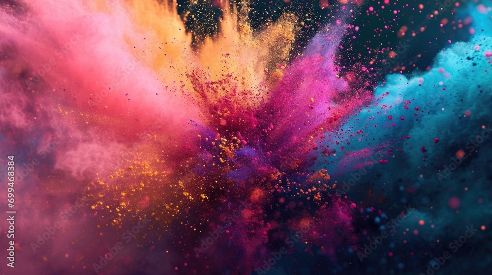 Poster A vibrant explosion of colored powder suspended in the air. Perfect for adding a burst of color to any project