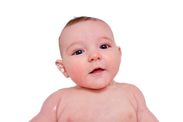 Portrait of an infant baby lying in a children bath, isolated on a white background. A baby at the age of four months bathes in water. Kid aged six months