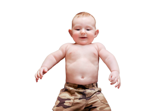 A funny happy baby boy is lying in a military uniform. Smiling child with a bare tummy in khaki clothes, isolated on a white background