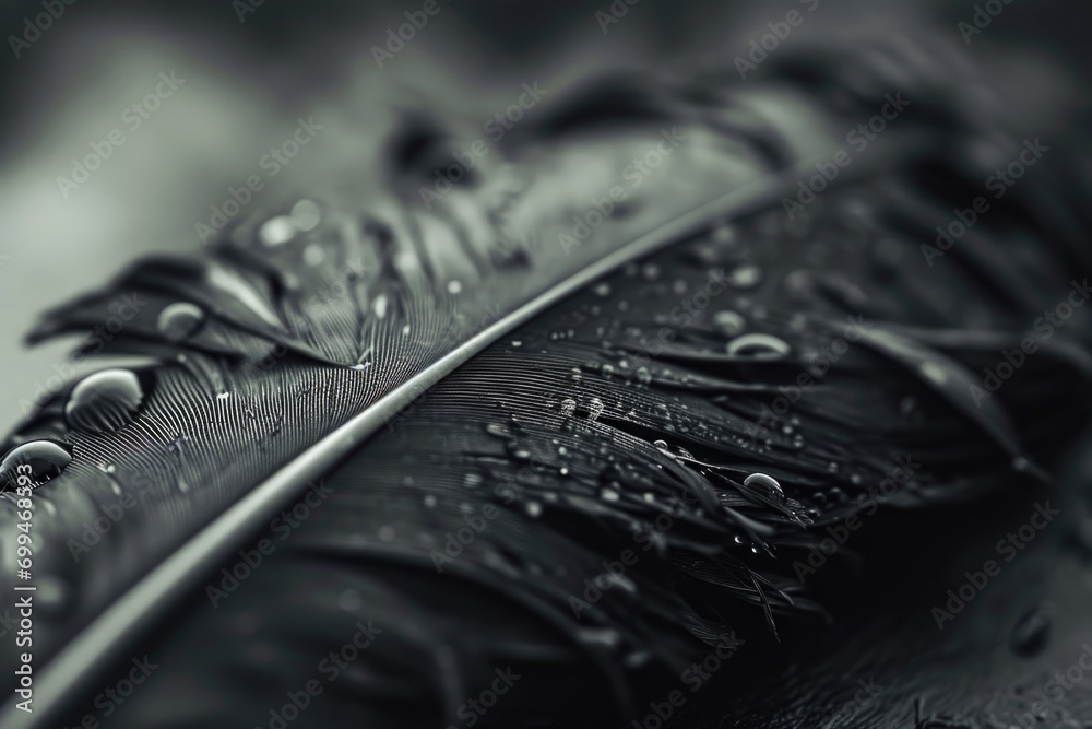 Poster a close-up view of a feather covered in sparkling water droplets. perfect for nature and beauty-them