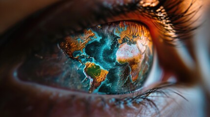 A close up of a person's eye with a reflection of the world. Can be used to represent global vision or a metaphor for seeing the world differently