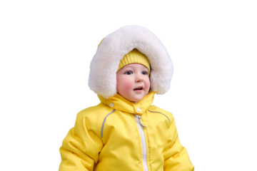 Happy toddler baby in winter clothes snowsuit isolated on a white background. A child in a warm yellow jumpsuit with a hood. Kid aged one year five months
