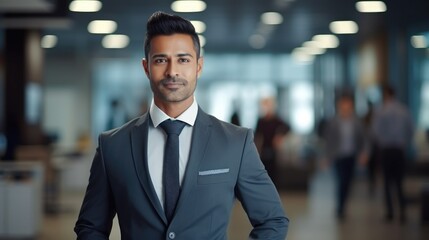 Fototapeta premium Portrait of a handsome smiling asian indian businessman boss in a suit standing in his modern business company office. his workers standing in the blurry background