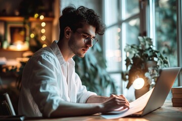 Hombre joven absorto en su trabajo en una computadora portátil en un ambiente hogareño cálido