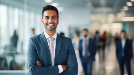 Portrait of a handsome smiling asian indian businessman boss in a suit standing in his modern business company office. his workers standing in the blurry background - obrazy, fototapety, plakaty