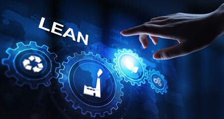 Lean, Six sigma, quality control and manufacturing process management concept on virtual screen.