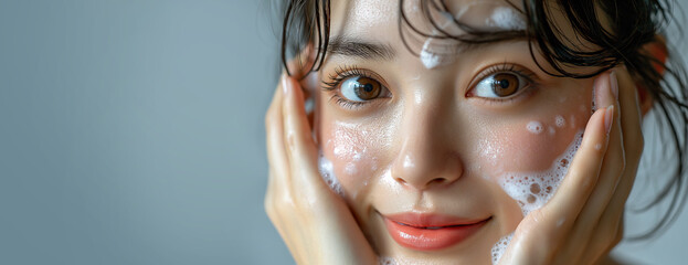 Close-up portrait of an asian woman, hands washing face with soap foam, smiling, ideal for a landscape web banner, generative ai