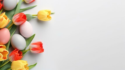 Colorful easter eggs and tulips on white background. Generative AI. - obrazy, fototapety, plakaty