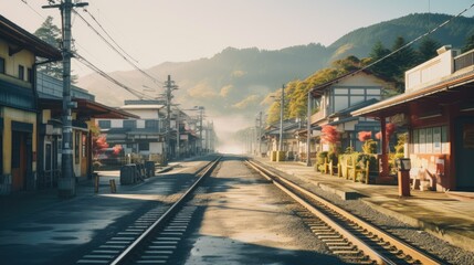 Fototapeta na wymiar A beautiful japanese village city town in the morning. railway station with shop