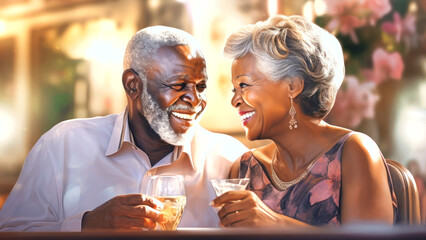 - Senior cheerful active elderly dark-skinned couple looking happy sitting in restaurant cafe bar drinking cocktails. Romantic seniors loving pastime lifestyle, good family relationship concept. - obrazy, fototapety, plakaty
