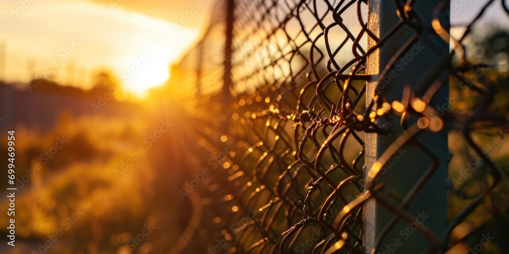 Aufkleber Sun setting behind a chain link fence. This image can be used to depict the end of the day, isolation, or boundaries