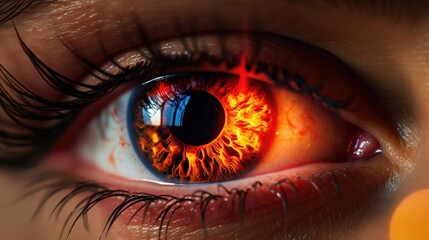 A close - up beautiful eye of a female person. burning glowing fire in the eye iris