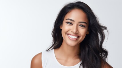 A closeup photo portrait of a beautiful young asian indian model woman smiling with clean teeth. used for a dental ad. isolated on white background - obrazy, fototapety, plakaty