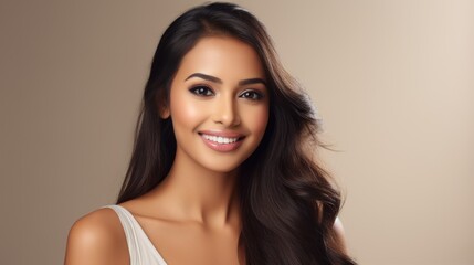 Fototapeta premium A closeup photo portrait of a beautiful young asian indian model woman smiling with clean teeth. used for a dental ad. isolated on white background