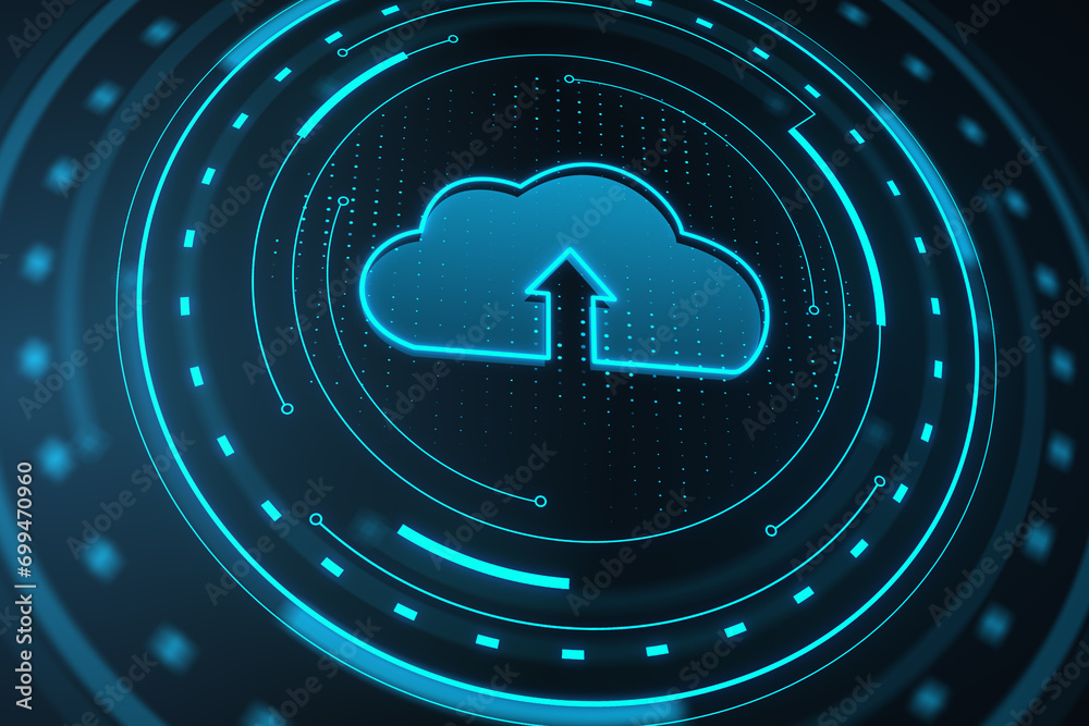 Aufkleber creative cloud computing hologram on blurry dark blue backdrop. server and data concept. 3d renderin