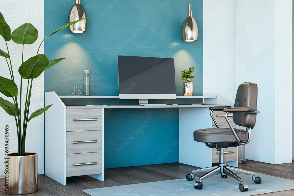 Poster close up of contemporary home office workplace with computer monitor and reflections. 3d rendering.