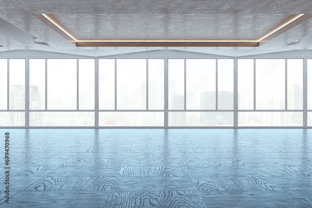 Poster empty clean spacious interior design with panoramic windows and city view, reflections on wooden flo