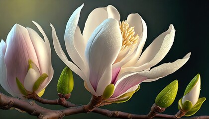 Magnolia flowers covered with water drops. Spring background
