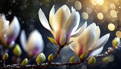 Fotobehang Kwiaty magnolii pokryte kroplami wody. Wiosenne tło © Monika