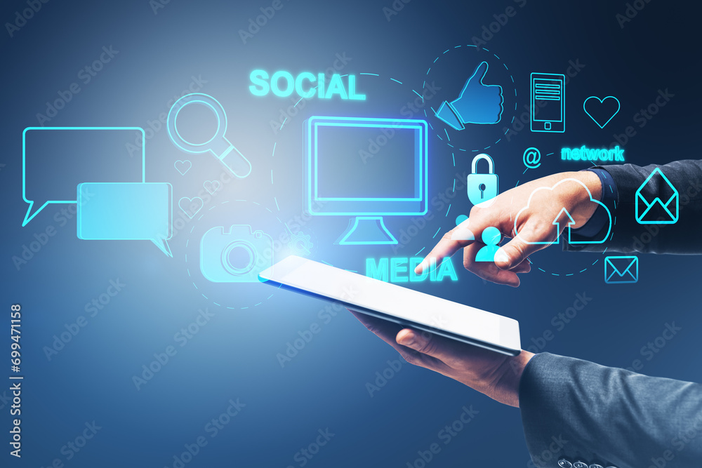 Poster close up of businessman hand pointing at cellphone with creative social media interface with emails,