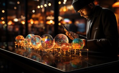Person with Black Hat Focused on Smartphone Surrounded by Glowing Orb Decorations