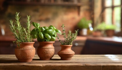 Rosemary, thyme, basil in clay pots on a wooden counter. A retro-style kitchen in the background....