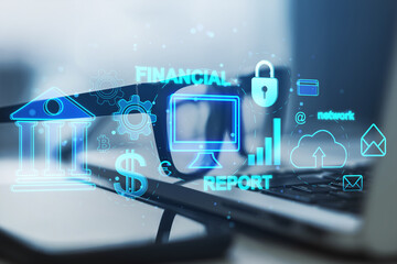 Close up of laptop, eyeglasses and smartphone with reflections on desk with creative financial banking interface on blurry background. Marketing, finance and online bank app concept. Double exposure.