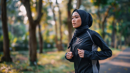 An active Muslim woman, dressed in black hijab and athletic wear, actively running in a park, generative ai