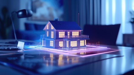 A concept holo 3d render model of a small living house on a table in a real estate agency. signing mortgage contract document and demonstrating. futuristic business. blurry background