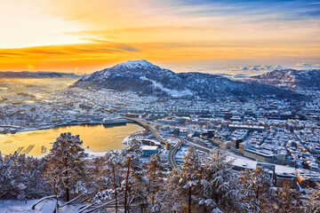 Amazing view of Bergen from Floyen early in the morning in winter, Norway