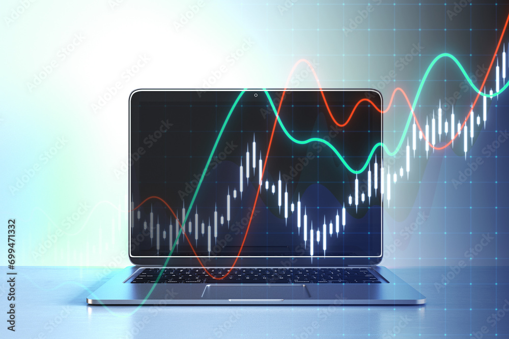 Poster Close up of laptop with creative business graph growth on grid background. Financial success and chart concept. 3D Rendering.