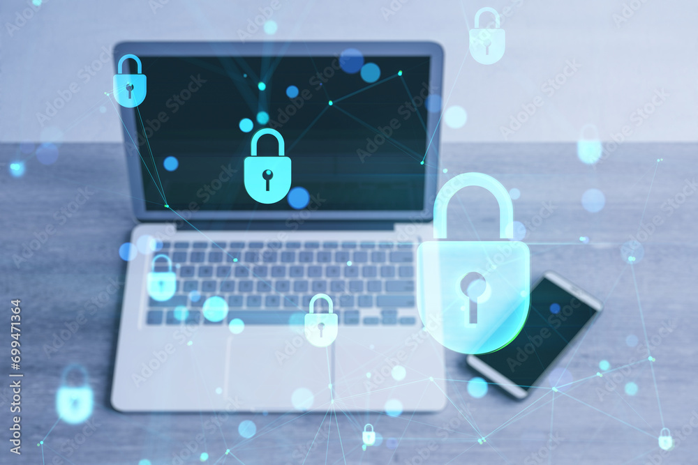 Poster Top view of laptop and cellphone on toned desk with creative low poly plexus digital padlock interface on blurry background. Safety, security, hacking and data protection concept. Double exposure.