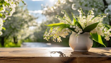 Fototapeta premium Konwalie w wazonie na drewnianym blacie. W tle ogród z kwitnącymi na biało drzewami. Wiosenne tło
