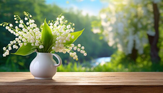 Konwalie w wazonie na drewnianym blacie. W tle ogr&oacute;d z kwitnącymi na biało drzewami. Wiosenne tło
