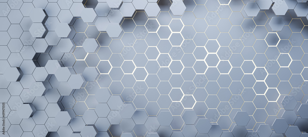 Poster Wide gray hexagonal background. Landing page concept. 3D Rendering.
