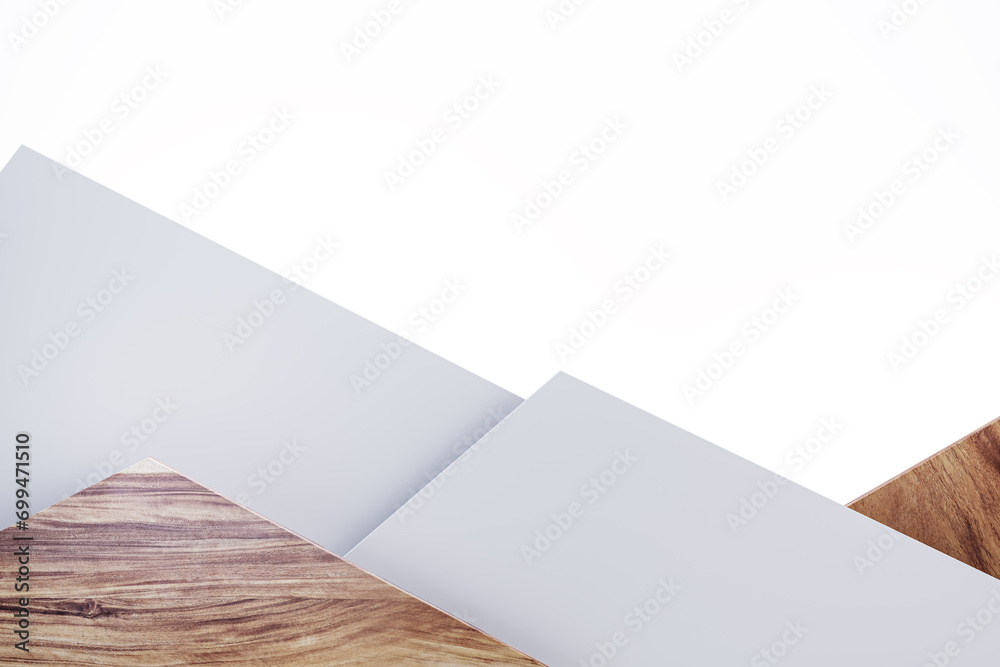 Poster Abstract decorative triangular mountain background with mock up space. Wooden and white elements. 3D Rendering.