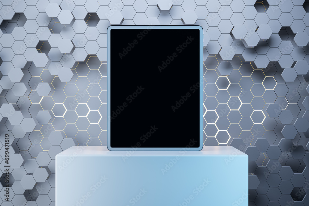 Aufkleber Close up of empty mock up tablet with creative gray hexagonal background. Device presentation concept. 3D Rendering.
