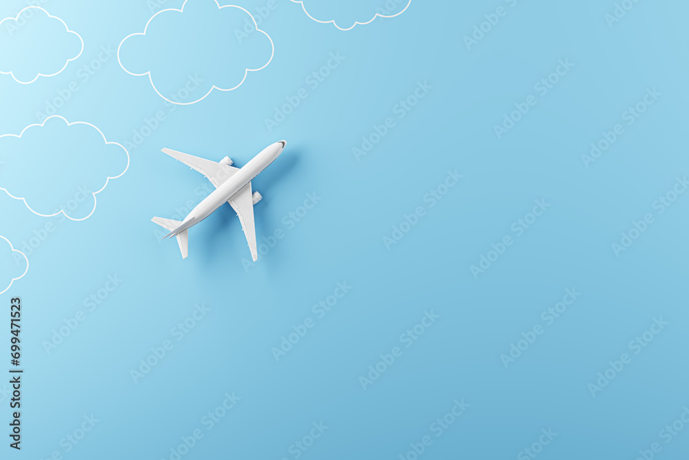 Poster creative white airplane and drawn clouds on blue background with mock up place. 3d rendering.