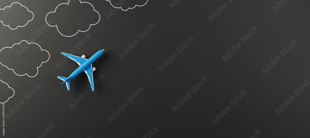 Poster creative white airplane and drawn clouds on black background with mock up place. 3d rendering.