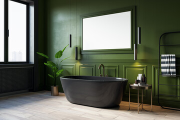 Modern green and wooden bathroom interior with empty white mock up banner, window and various...