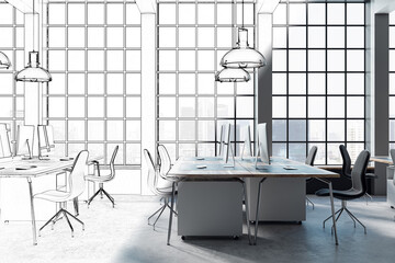 Sketch of modern coworking office interior with large panoramic windows with city view, lamps,...