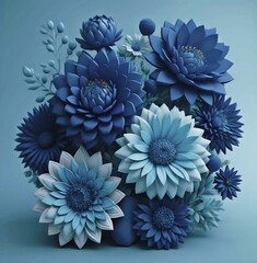 Bunch of blue dahlias and other flowers with blue background 