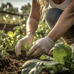 Kobieta uprawiająca warzywa w ogrodzie. Ogrodnictwo, uprawa organicznych warzyw i owców. - obrazy, fototapety, plakaty