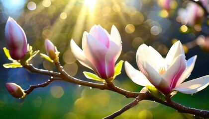 Kwiaty magnolii pokryte kroplami wody. Wiosenne tło - obrazy, fototapety, plakaty